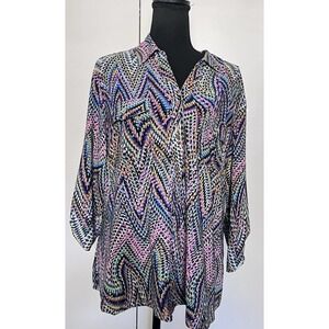 Multicolor Chevron Zigzag Tunic Blouse Button Front Size XL